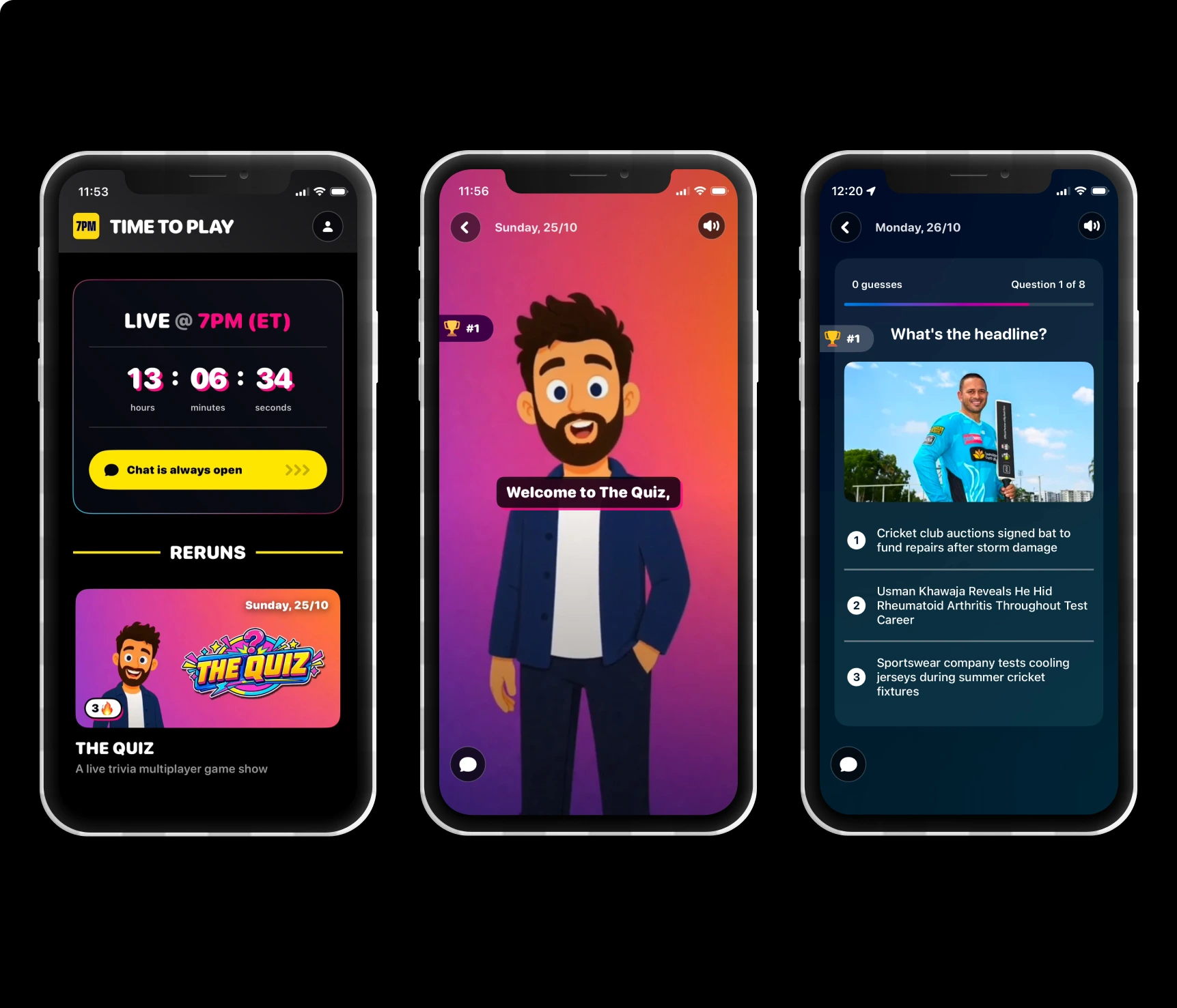 7PM app screens showing a live game countdown, an animated quiz host and an interactive news guessing game.