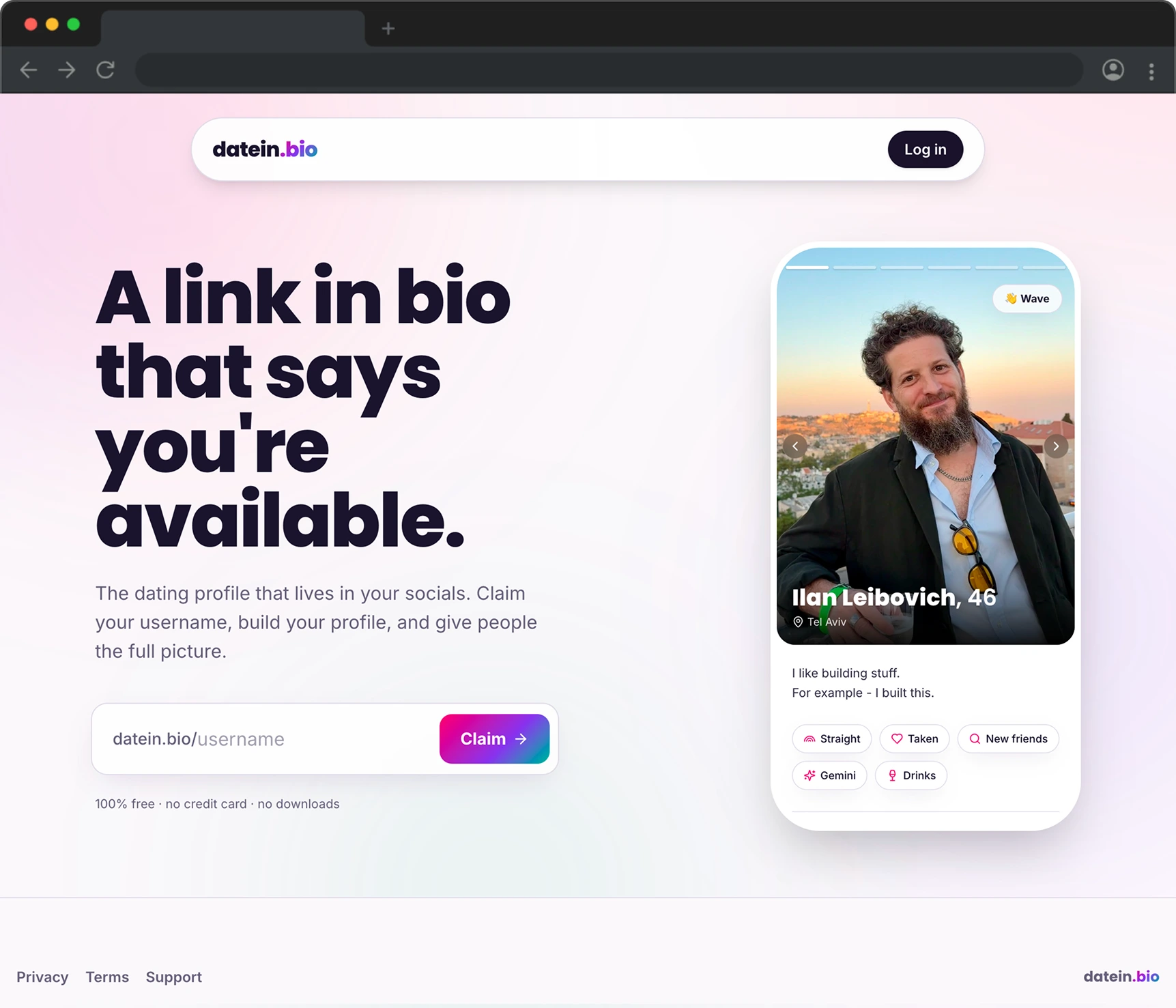 datein.bio landing page showing a dating profile preview and a username claim form against a soft pastel background.