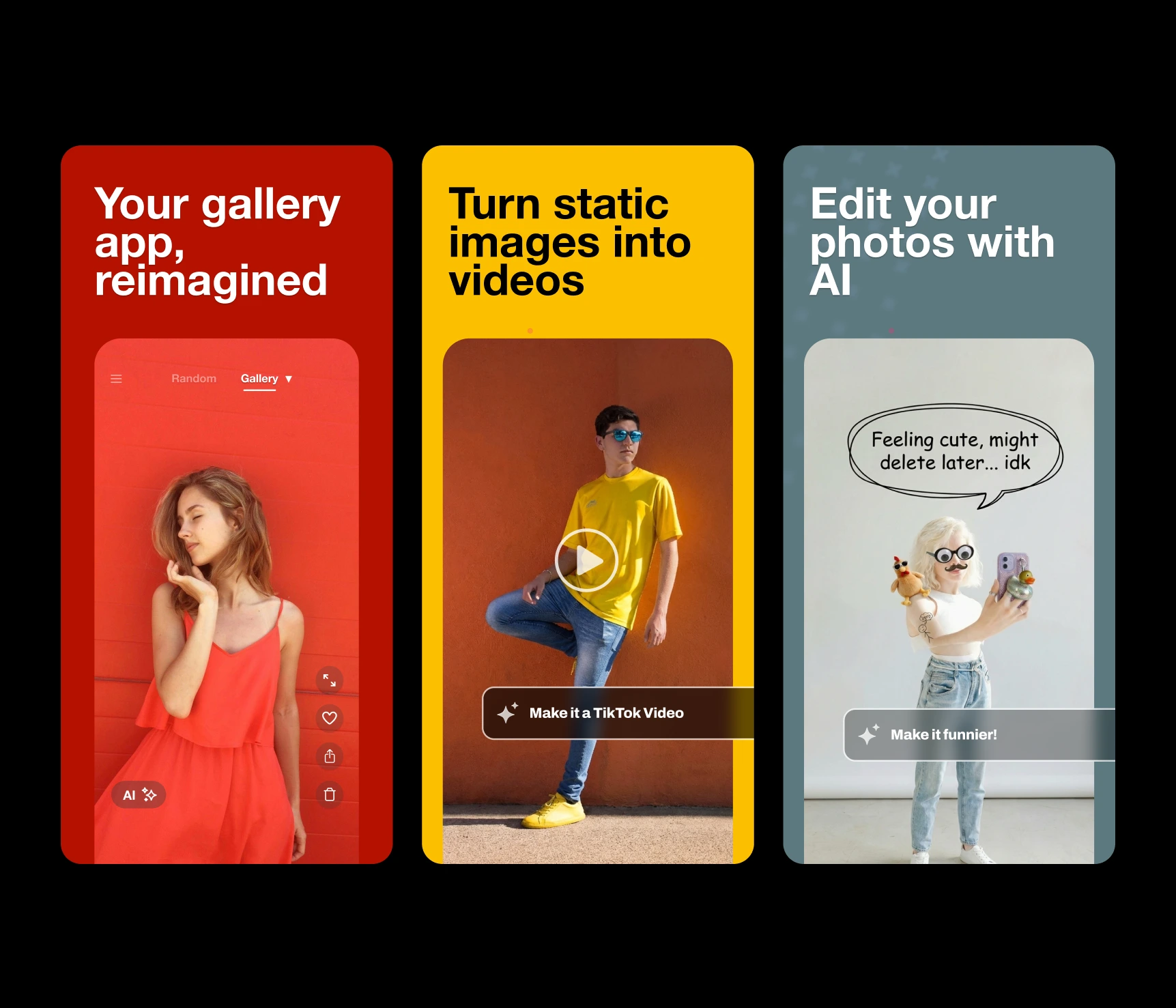 Gallery+ app previews showing a photo gallery, AI photo-to-video creation and AI photo editing.