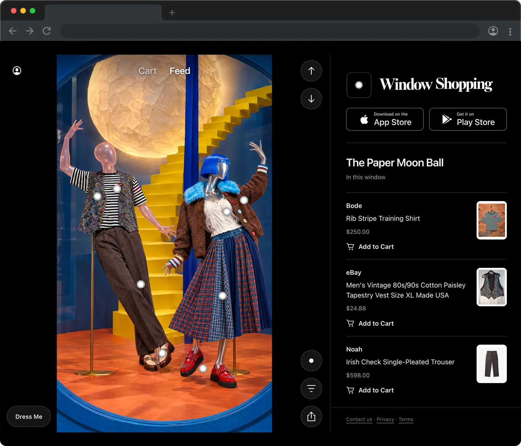 Window Shopping interface featuring a colorful fashion display with two mannequins, a paper moon and yellow stairs beside a list of shoppable products.